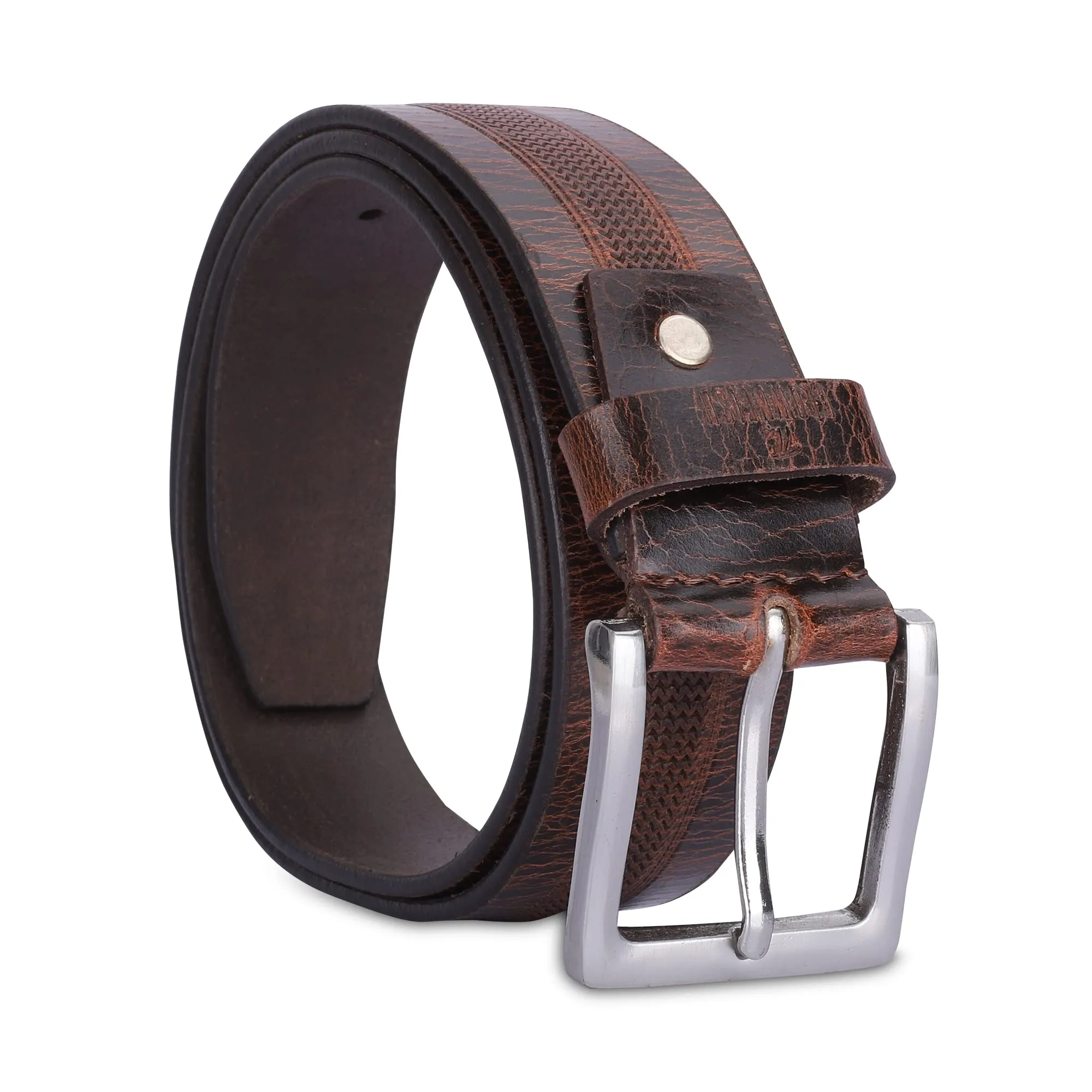 THE CLOWNFISH Men's Genuine Leather Belt with Embossed Design- Tan (Size-36 inches)