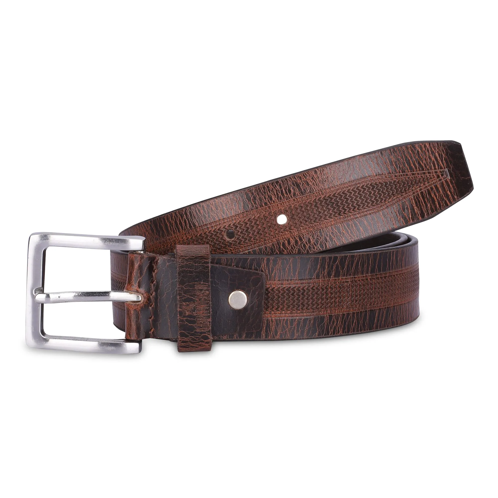 THE CLOWNFISH Men's Genuine Leather Belt with Embossed Design- Tan (Size-36 inches)