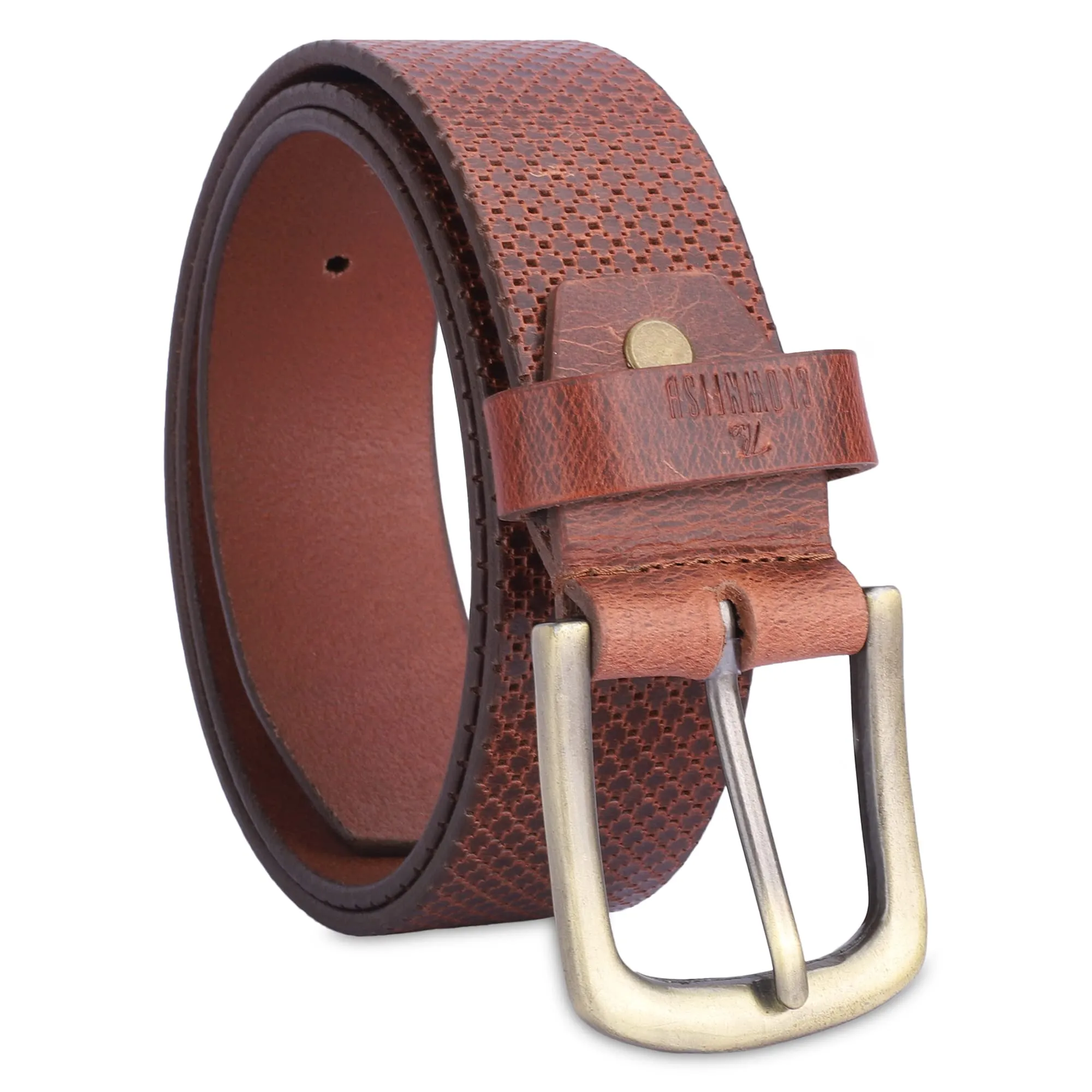 THE CLOWNFISH Men's Genuine Leather Belt with Textured Design - Tan (Size - 36 inches)