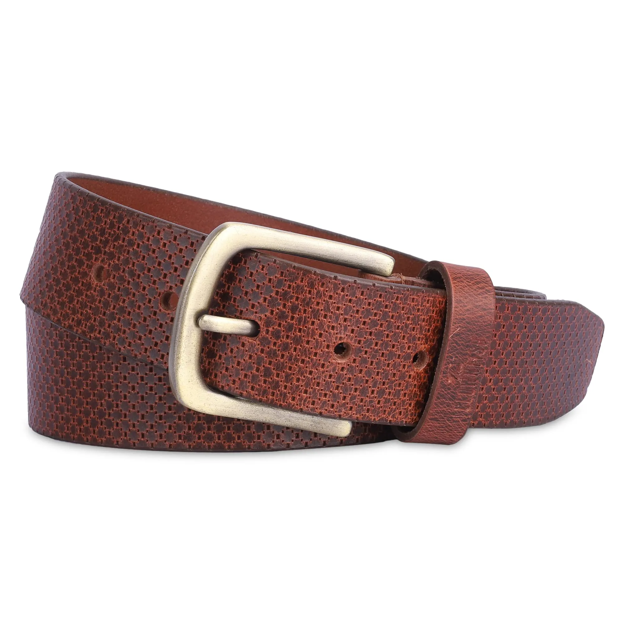 THE CLOWNFISH Men's Genuine Leather Belt with Textured Design - Tan (Size - 36 inches)