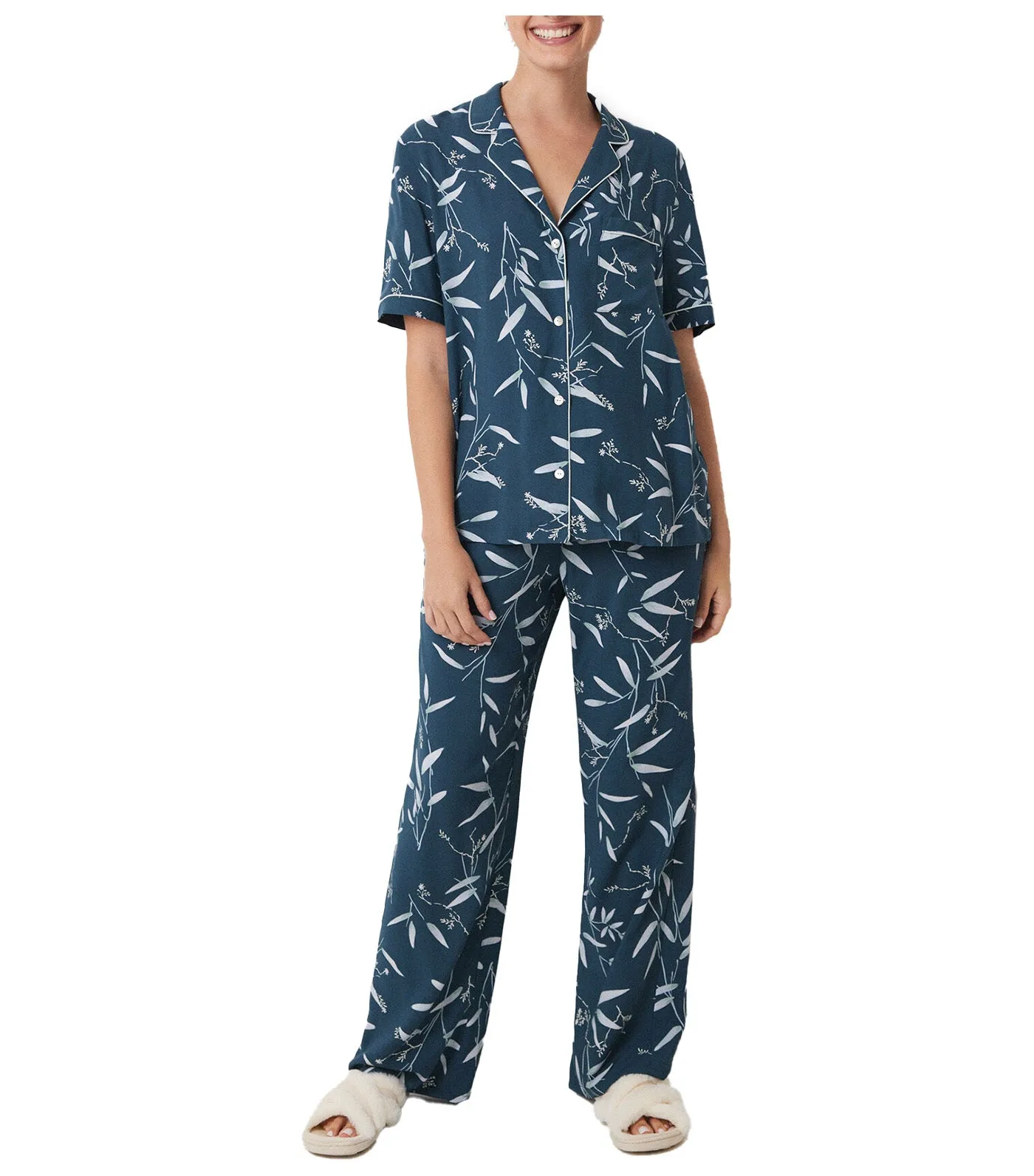 Viscose Leaf Shirt Pajamas Green