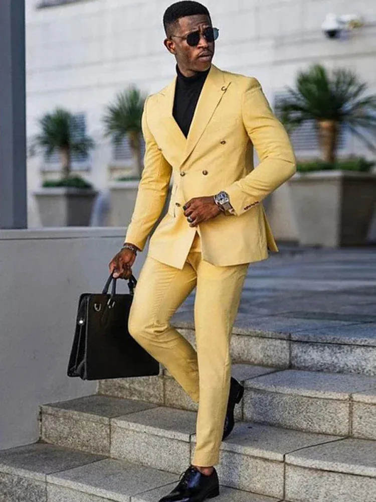 Wiaofellas  -  Fashion Yellow Business Suits For Men Double Breasted Slim Fit Blazer Hombre High Quality Custom 2 Piece Set Costume Homme