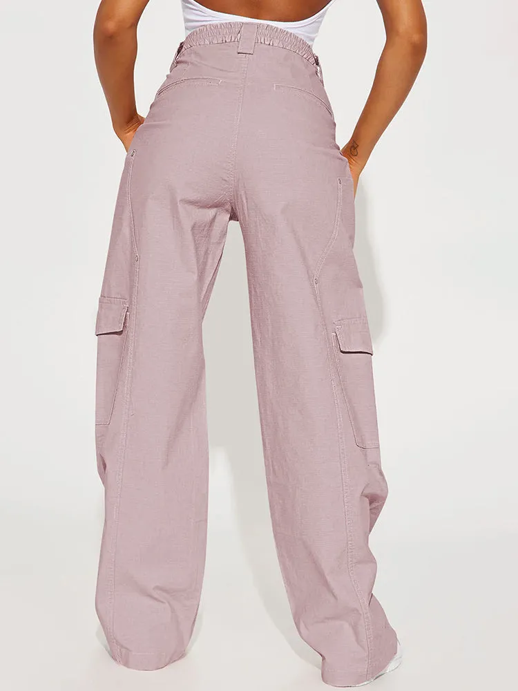 Women's Solid Color Elastic Waist Wide Leg Cargo Pant