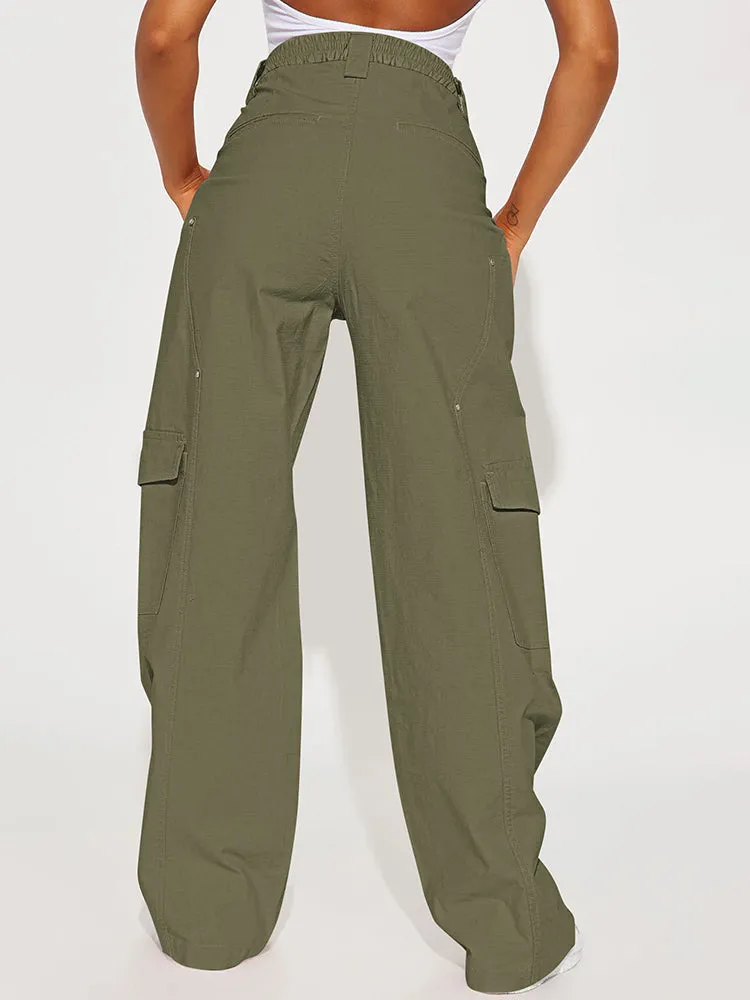 Women's Solid Color Elastic Waist Wide Leg Cargo Pant