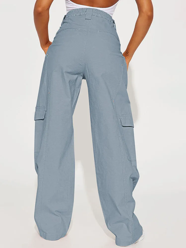 Women's Solid Color Elastic Waist Wide Leg Cargo Pant