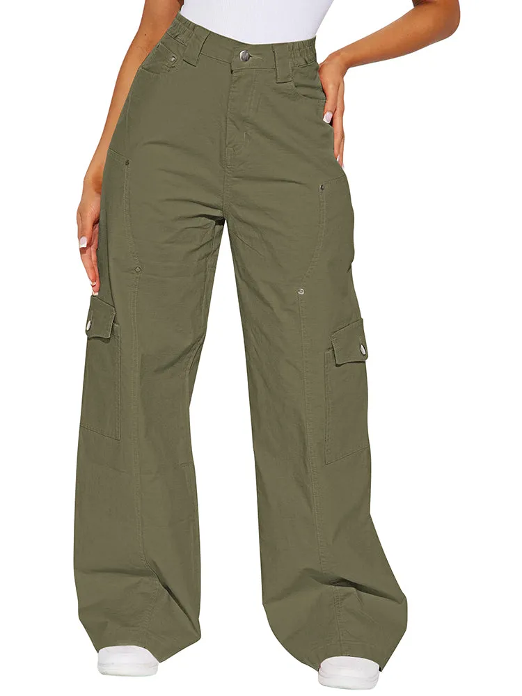 Women's Solid Color Elastic Waist Wide Leg Cargo Pant