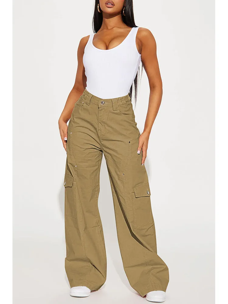 Women's Solid Color Elastic Waist Wide Leg Cargo Pant