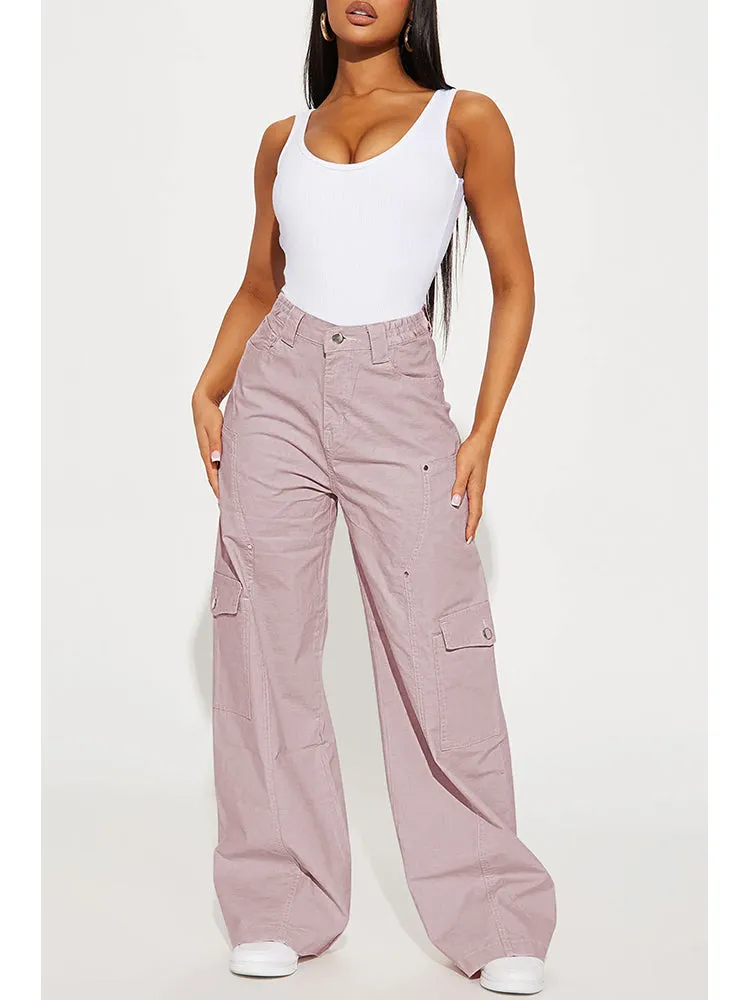 Women's Solid Color Elastic Waist Wide Leg Cargo Pant