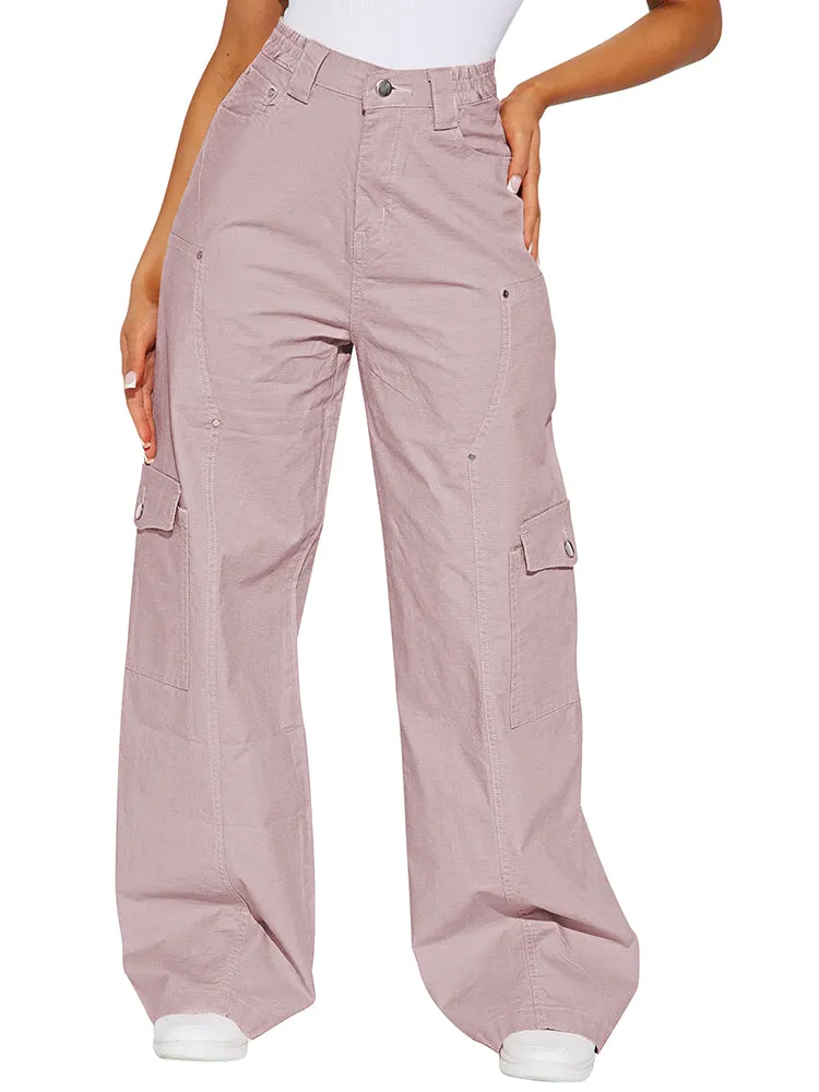 Women's Solid Color Elastic Waist Wide Leg Cargo Pant