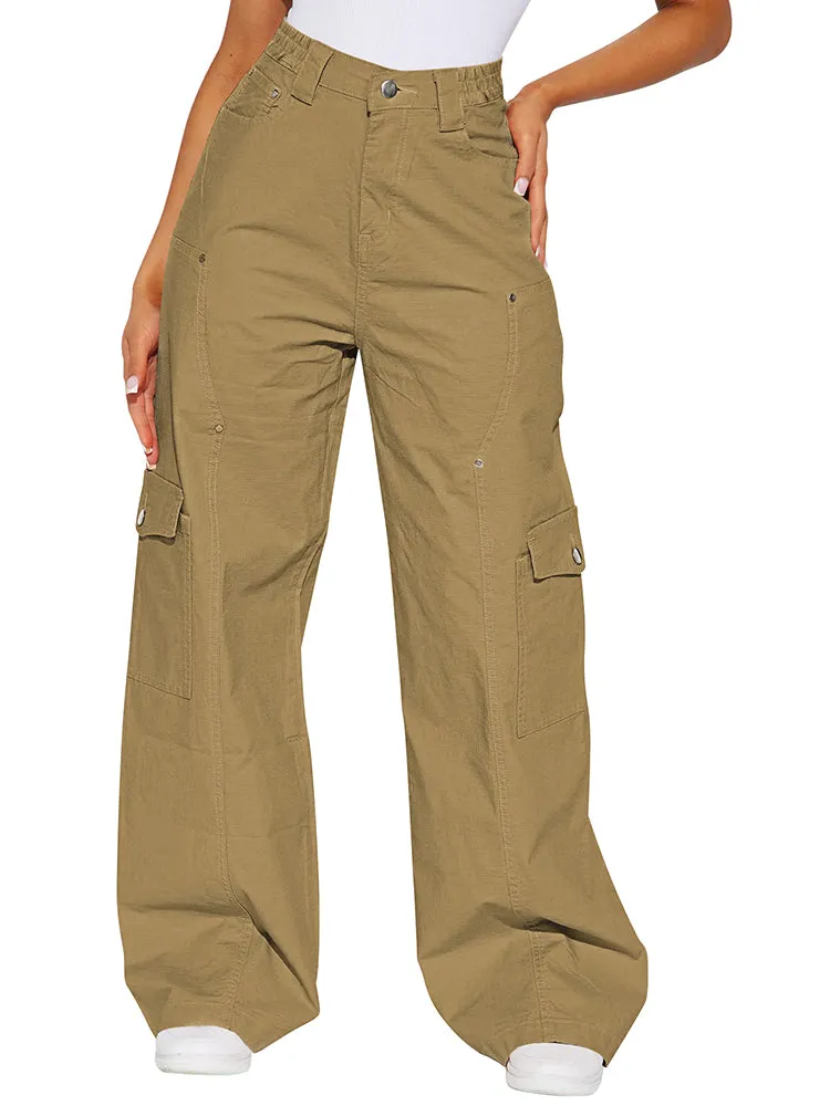 Women's Solid Color Elastic Waist Wide Leg Cargo Pant