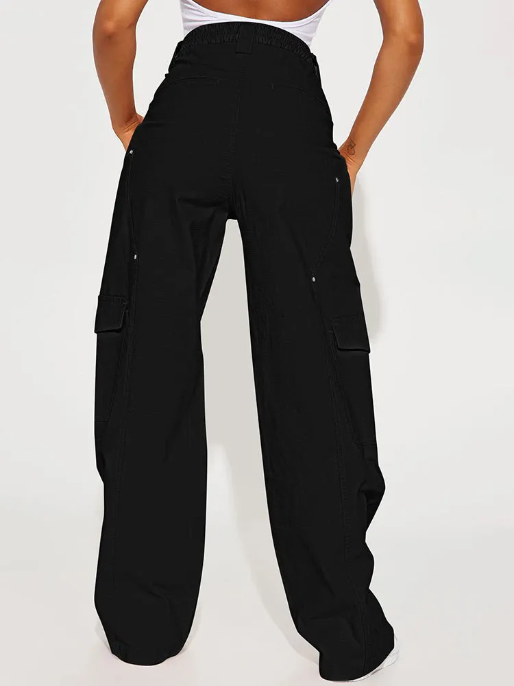 Women's Solid Color Elastic Waist Wide Leg Cargo Pant