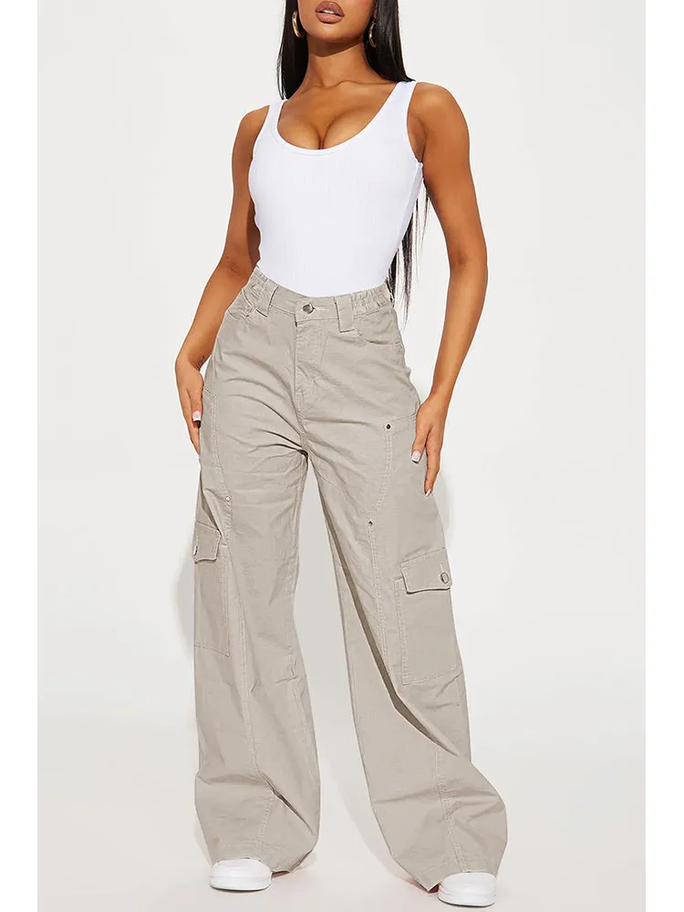 Women's Solid Color Elastic Waist Wide Leg Cargo Pant