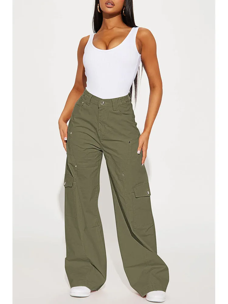 Women's Solid Color Elastic Waist Wide Leg Cargo Pant