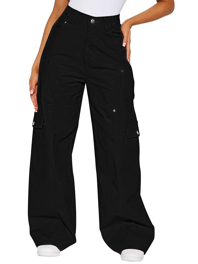 Women's Solid Color Elastic Waist Wide Leg Cargo Pant