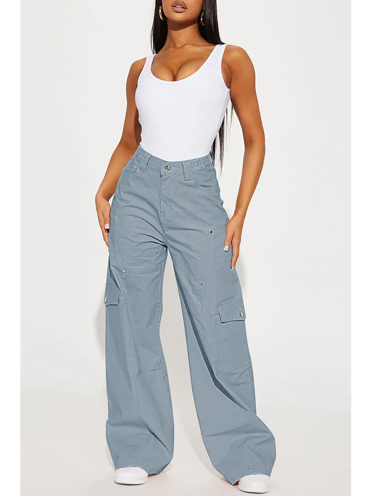 Women's Solid Color Elastic Waist Wide Leg Cargo Pant